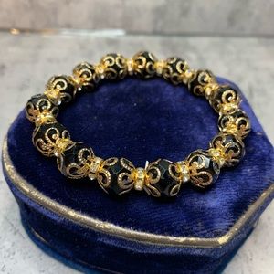 Black Glass Bead Rhinestone Goldtone Stretch Bracelet